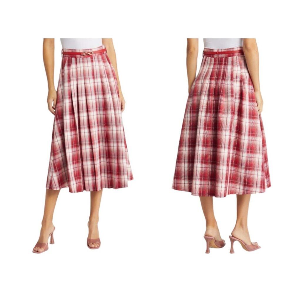 Nikki Lund Jess Red Plaid Pleat Belted Skirt Size XS $163 MSRP